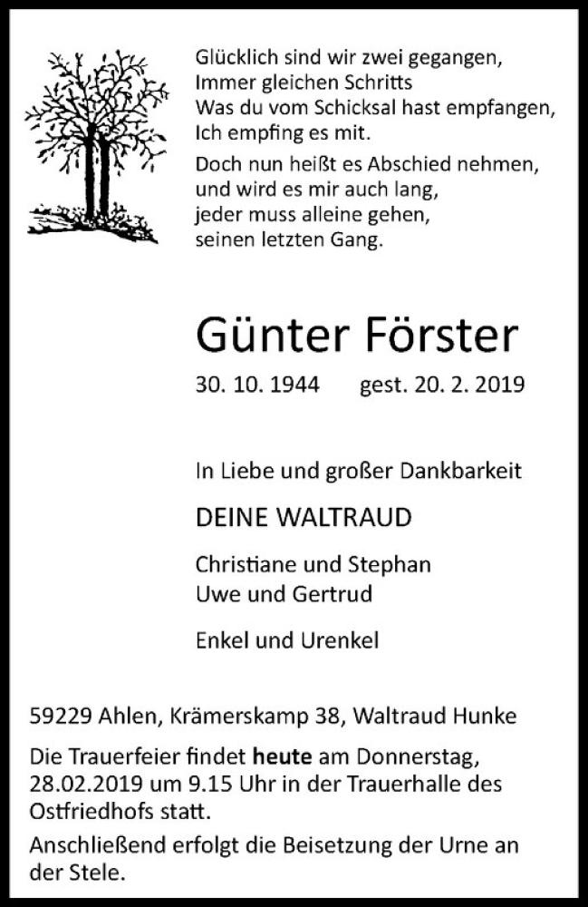  Traueranzeige für Günter Förster vom 28.02.2019 aus Westfälische Nachrichten
