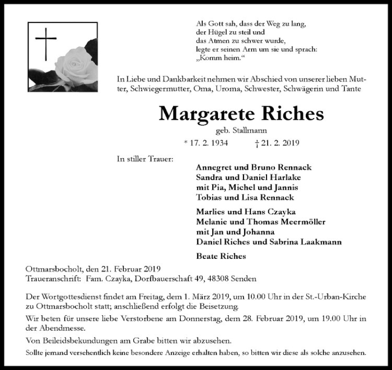  Traueranzeige für Margarete Riches vom 27.02.2019 aus Westfälische Nachrichten