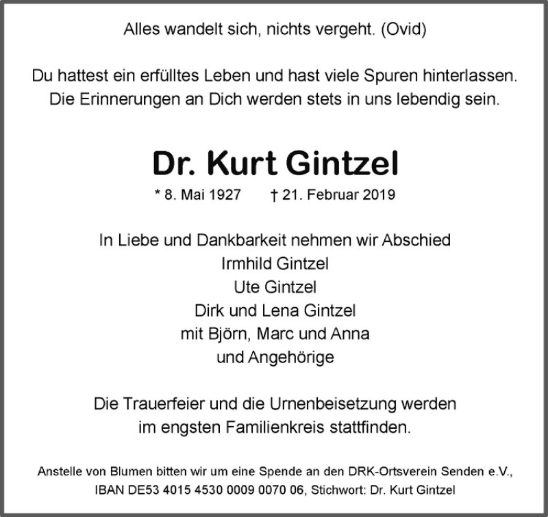  Traueranzeige für Dr. Kurt Gintzel vom 27.02.2019 aus Westfälische Nachrichten