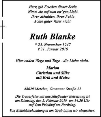 Anzeige von Ruth Blanke von Westfälische Nachrichten