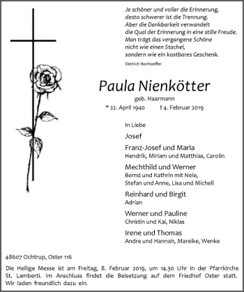 Anzeige von Paula Nienkötter von Westfälische Nachrichten