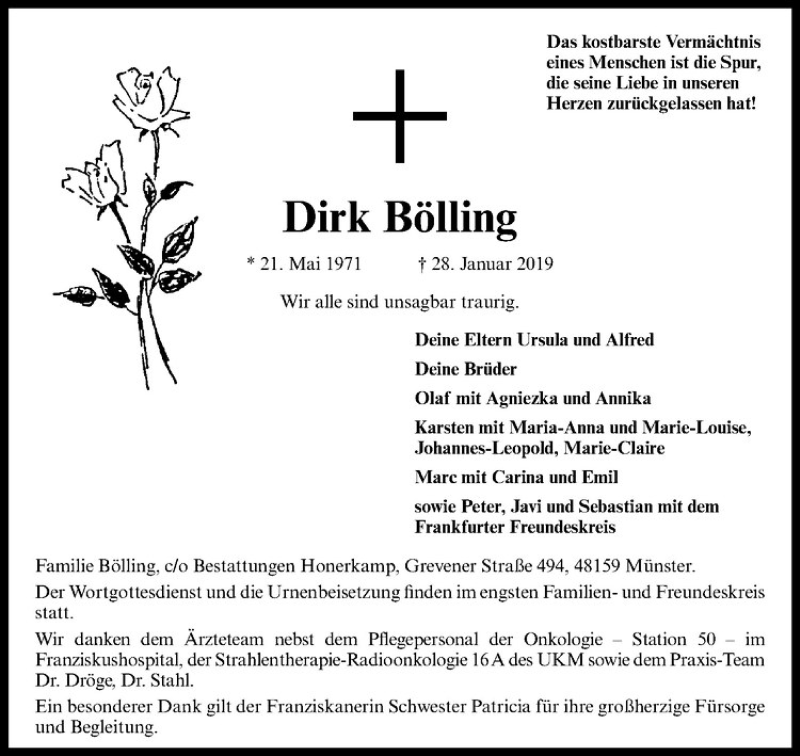  Traueranzeige für Dirk Bölling vom 09.02.2019 aus Westfälische Nachrichten