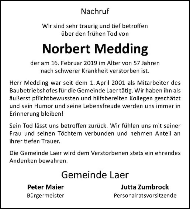  Traueranzeige für Norbert Medding vom 21.02.2019 aus Westfälische Nachrichten