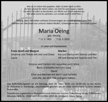 Anzeige von Maria Oeing von Westfälische Nachrichten