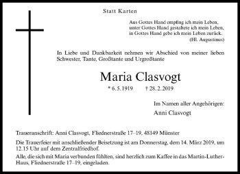Anzeige von Maria Clasvogt von Westfälische Nachrichten