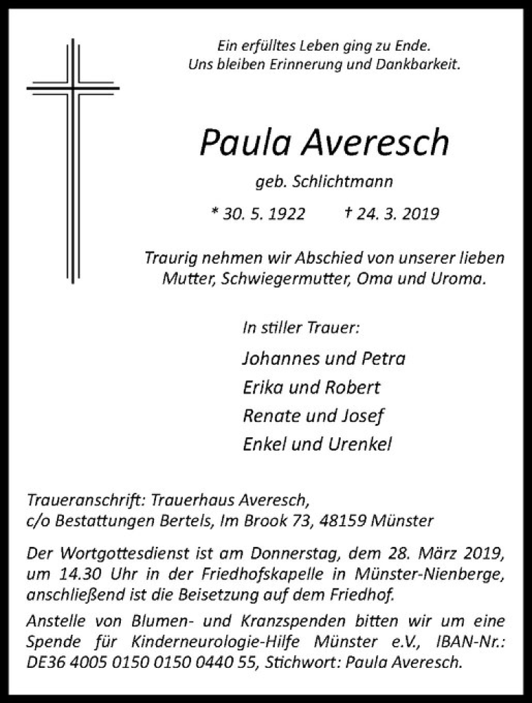  Traueranzeige für Paula Averesch vom 27.03.2019 aus Westfälische Nachrichten