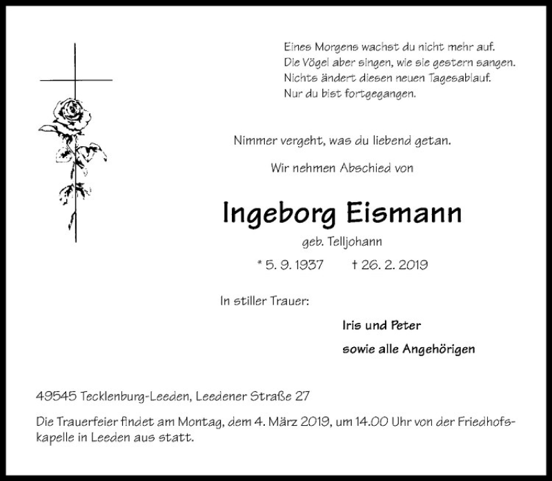  Traueranzeige für Ingeborg Eismann vom 02.03.2019 aus Westfälische Nachrichten