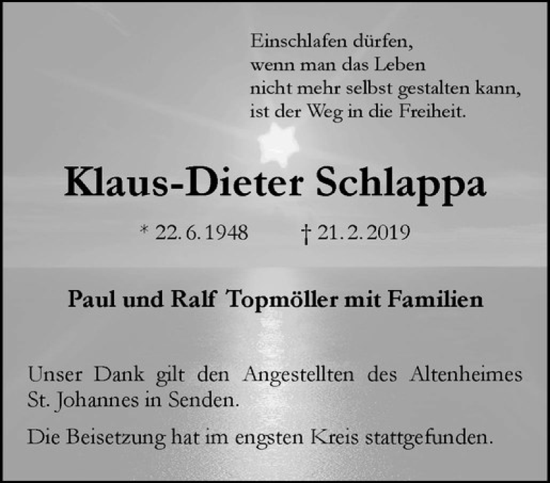  Traueranzeige für Klaus-Dieter Schlappa vom 09.03.2019 aus Westfälische Nachrichten