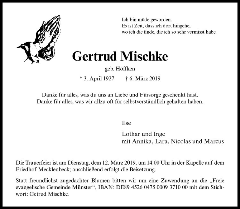  Traueranzeige für Gertrud Mischke vom 09.03.2019 aus Westfälische Nachrichten