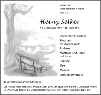 Anzeige von Heinz Selker von Westfälische Nachrichten