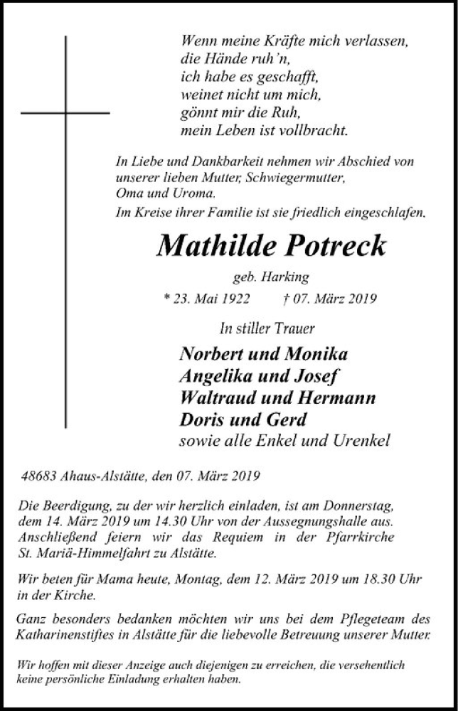  Traueranzeige für Mathilde Potreck vom 11.03.2019 aus Westfälische Nachrichten
