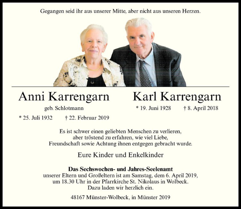  Traueranzeige für Karl Karrengarn vom 30.03.2019 aus Westfälische Nachrichten