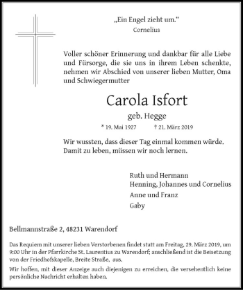 Anzeige von Carola Isfort von Westfälische Nachrichten