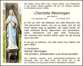 Anzeige von Charlotte Menningen von Westfälische Nachrichten