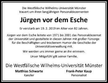 Anzeige von Jürgen vor dem Esche von Westfälische Nachrichten