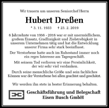 Anzeige von Hubert Dreßen von Westfälische Nachrichten