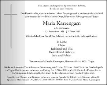 Anzeige von Maria Karrengarn von Westfälische Nachrichten