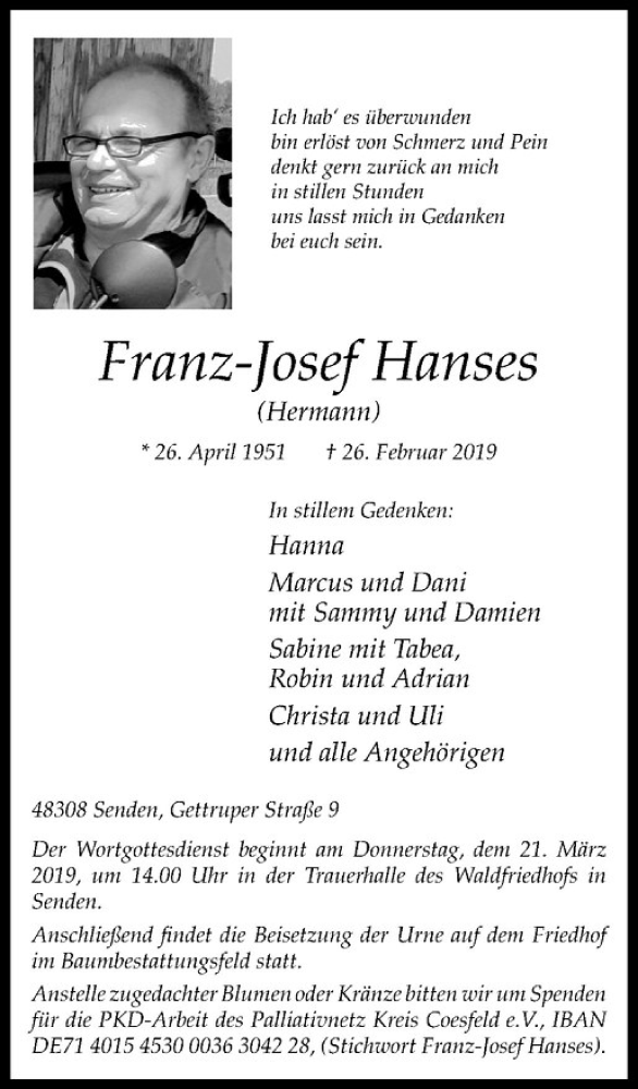  Traueranzeige für Hermann Hanses vom 09.03.2019 aus Westfälische Nachrichten