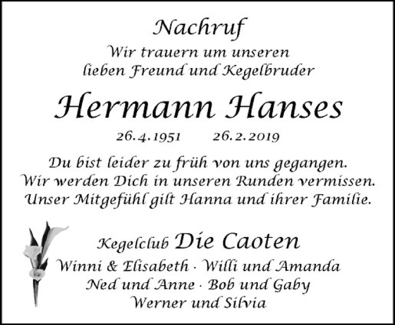  Traueranzeige für Hermann Hanses vom 09.03.2019 aus Westfälische Nachrichten