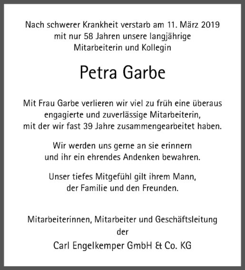 Traueranzeige für Petra Garbe vom 23.03.2019 aus Westfälische Nachrichten