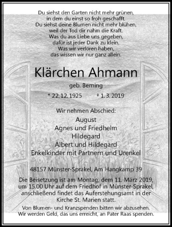 Anzeige von Klärchen Ahmann von Westfälische Nachrichten