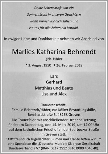 Anzeige von Marlies Katharina Behrendt von Westfälische Nachrichten