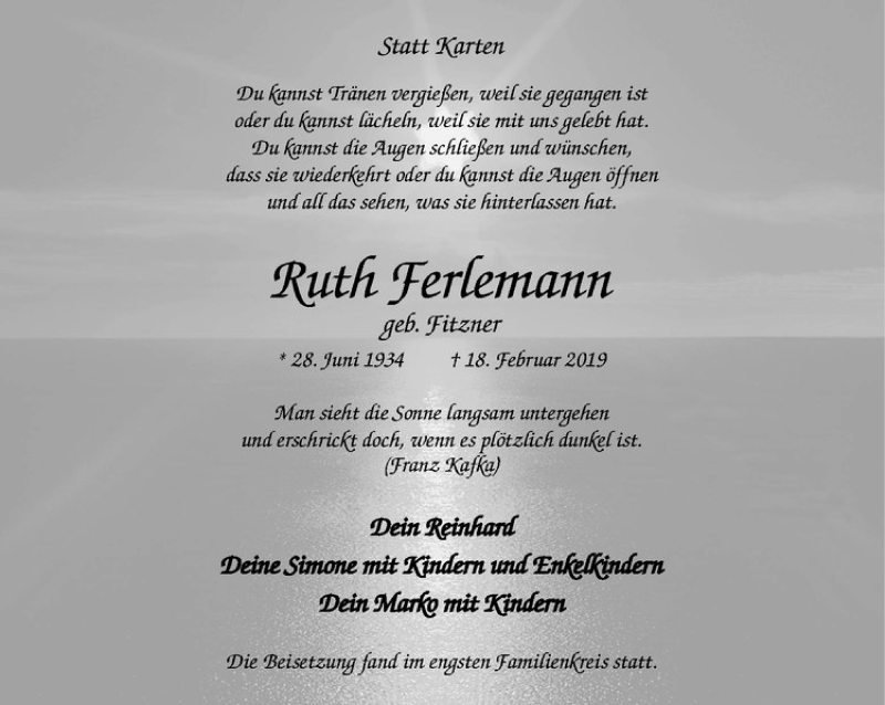 Traueranzeige für Ruth Ferlemann vom 05.03.2019 aus Westfälische Nachrichten