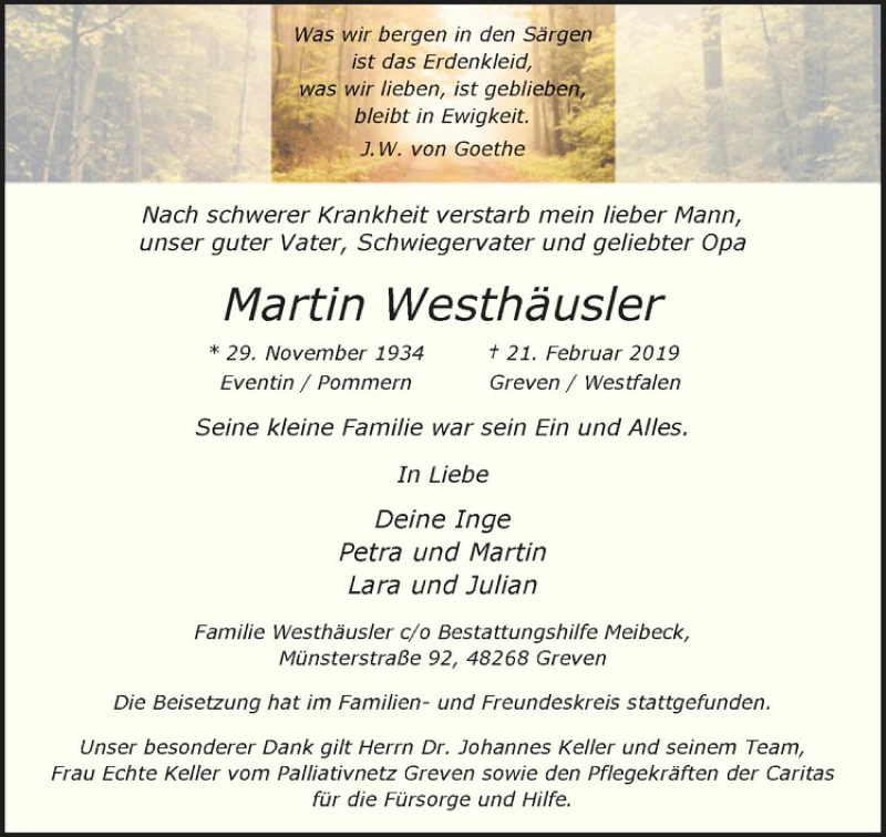  Traueranzeige für Martin Westhäusler vom 02.03.2019 aus Westfälische Nachrichten