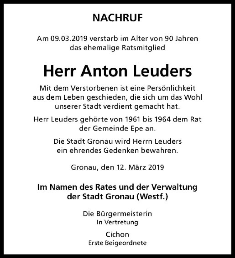  Traueranzeige für Anton Leuders vom 14.03.2019 aus Westfälische Nachrichten