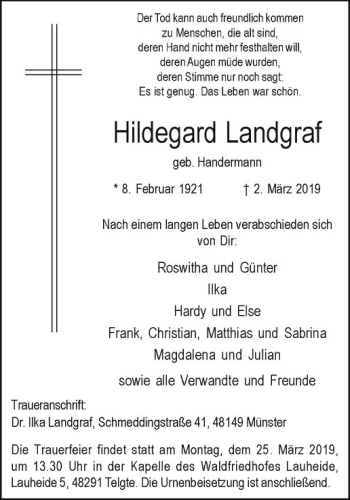 Anzeige von Hildegard Landgraf geb. von Westfälische Nachrichten