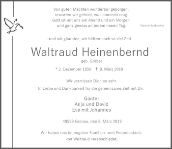 Anzeige von Waltraud Heinenbernd von Westfälische Nachrichten