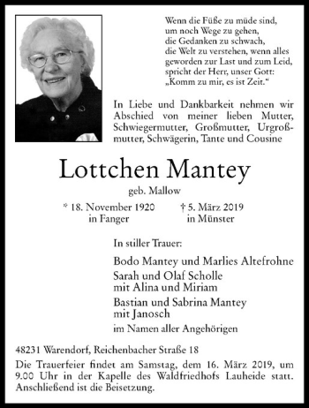 Anzeige von Lottchen Mantey von Westfälische Nachrichten