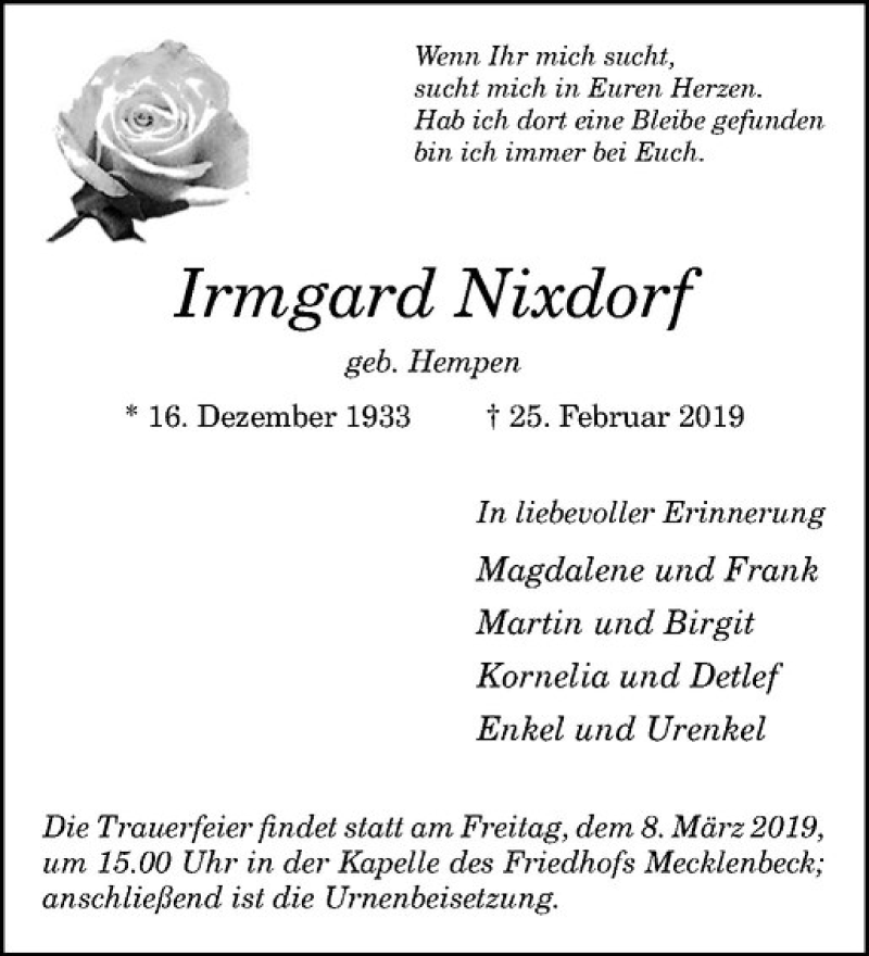  Traueranzeige für Irmgard Nixdorf vom 02.03.2019 aus Westfälische Nachrichten