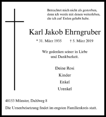 Anzeige von Karl Jakob Ehrngruber von Westfälische Nachrichten