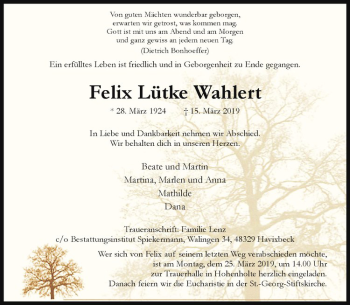 Anzeige von Felix Lütke Wahlert von Westfälische Nachrichten