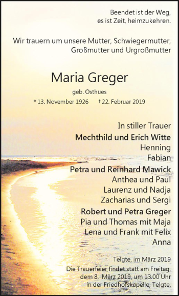 Anzeige von Maria Greger von Westfälische Nachrichten