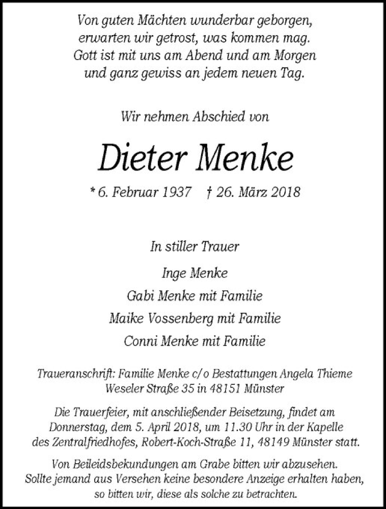  Traueranzeige für Dieter Menke vom 04.04.2018 aus Westfälische Nachrichten