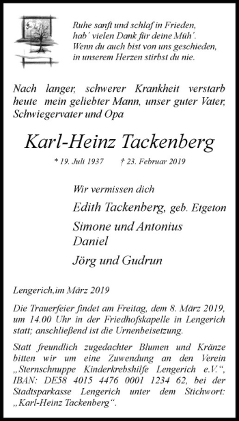 Anzeige von Karl-Heinz Tackenberg von Westfälische Nachrichten