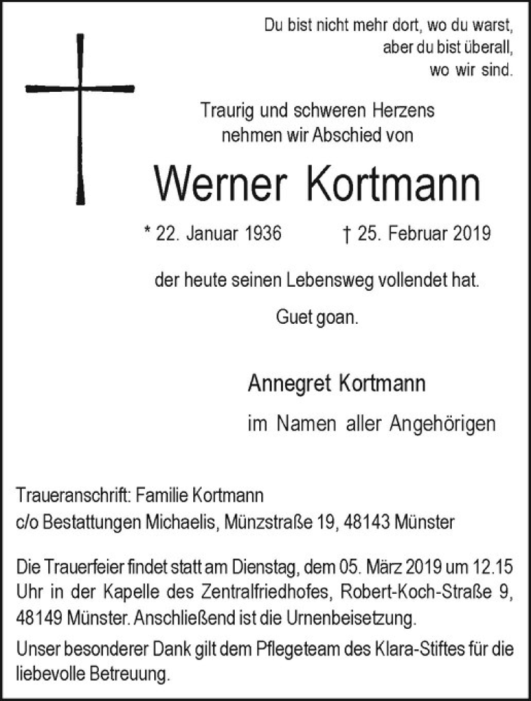  Traueranzeige für Werner Kortmann vom 02.03.2019 aus Westfälische Nachrichten