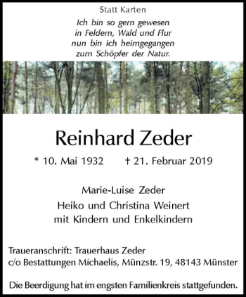 Anzeige von Reinhard Zeder von Westfälische Nachrichten