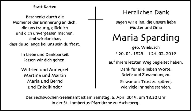  Traueranzeige für Maria Sparding vom 30.03.2019 aus Westfälische Nachrichten