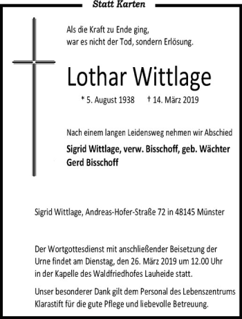 Anzeige von Lothar Wittlage von Westfälische Nachrichten