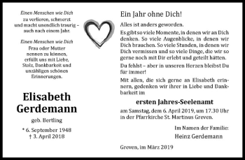 Anzeige von Elisabeth Gerdemann von Westfälische Nachrichten