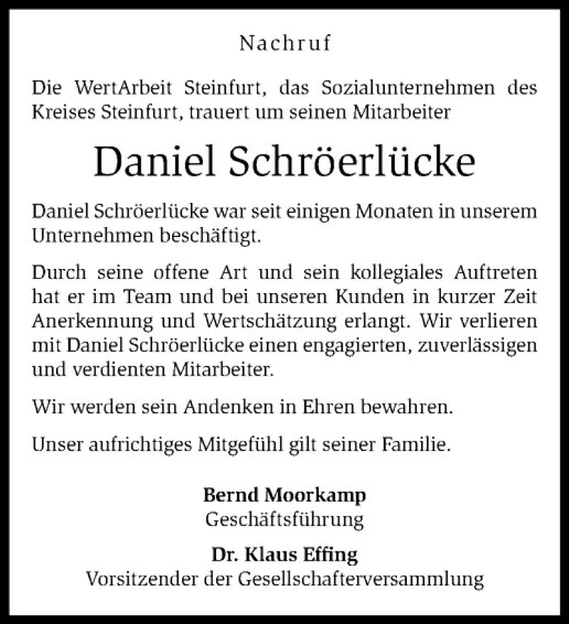  Traueranzeige für Daniel Schröerlücke vom 18.03.2019 aus Westfälische Nachrichten