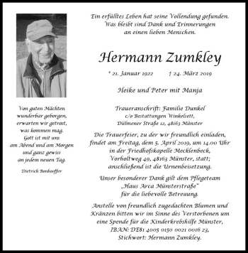 Anzeige von Hermann Zumkley von Westfälische Nachrichten