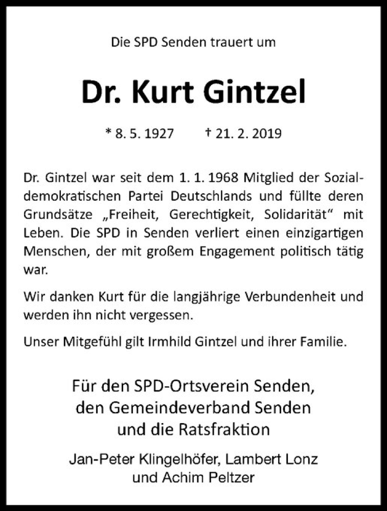  Traueranzeige für Kurt Gintzel vom 02.03.2019 aus Westfälische Nachrichten