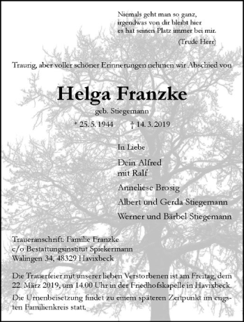 Anzeige von Helga Franzke von Westfälische Nachrichten