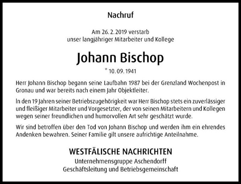  Traueranzeige für Johann Bischop vom 13.03.2019 aus Westfälische Nachrichten