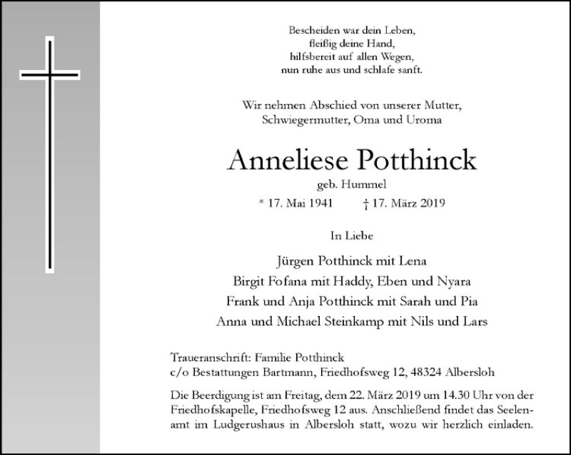  Traueranzeige für Anneliese Potthinck vom 20.03.2019 aus Westfälische Nachrichten