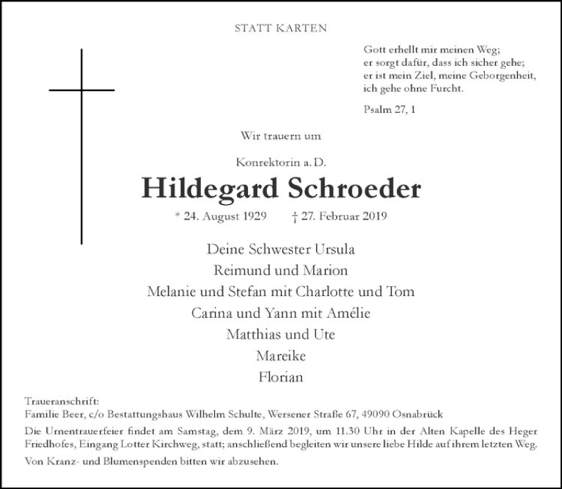  Traueranzeige für Hildegard Schroeder vom 02.03.2019 aus Westfälische Nachrichten